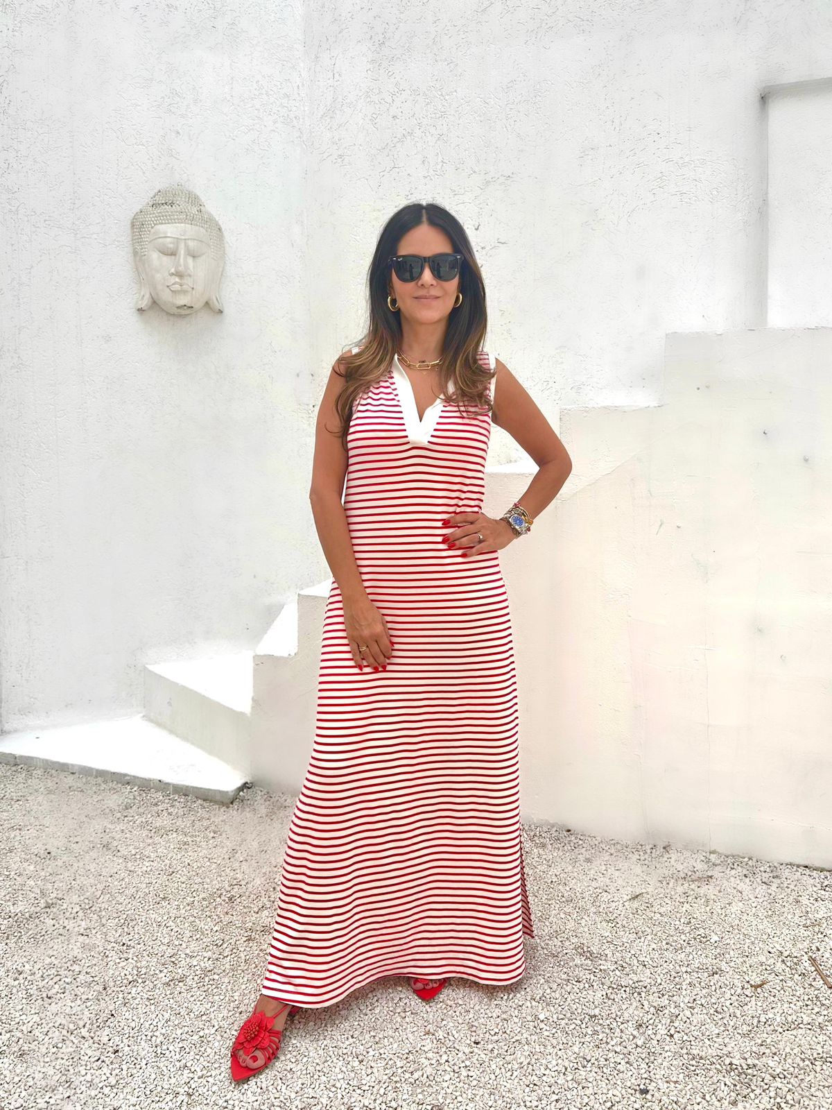 Vestido listrado longo VERMELHO
