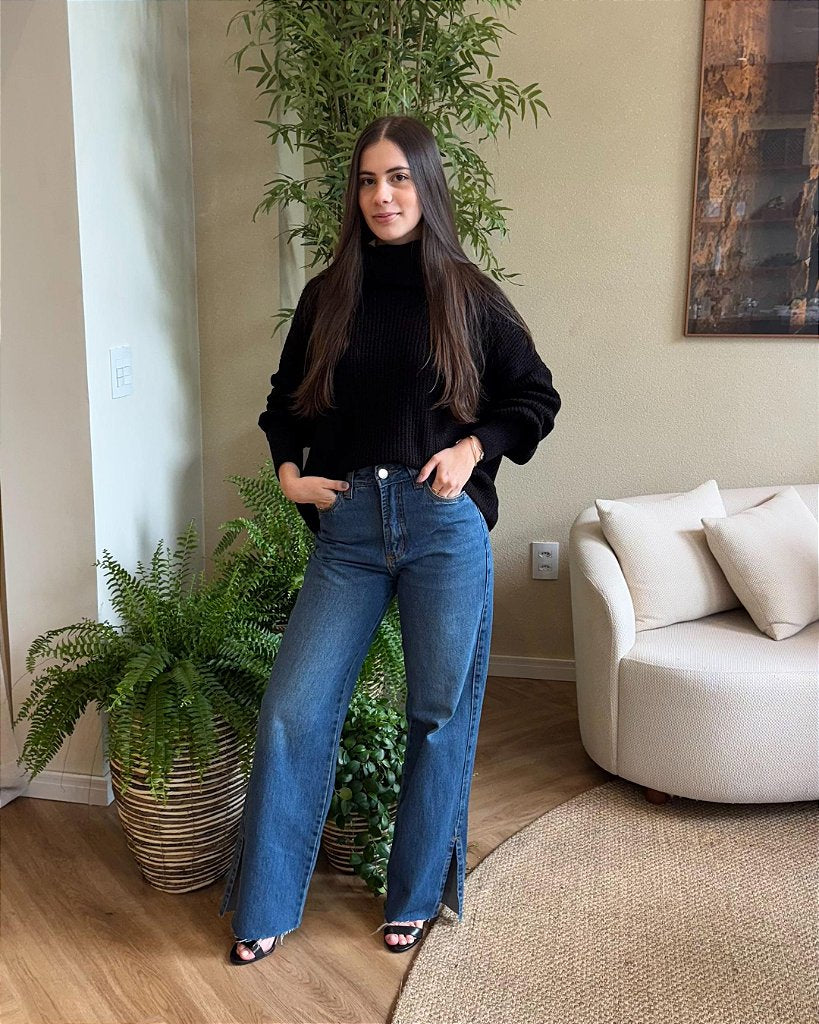 Calça Jeans Couro Fenda