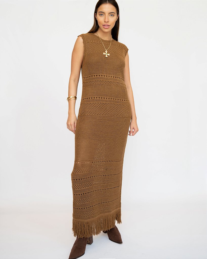 Vestido Tricot Franja Caramelo