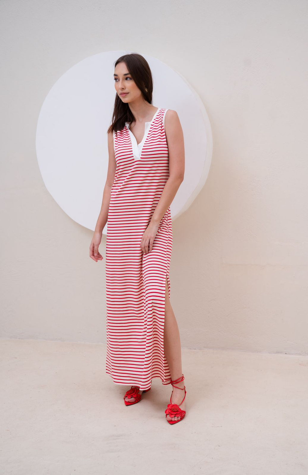 Vestido listrado longo VERMELHO