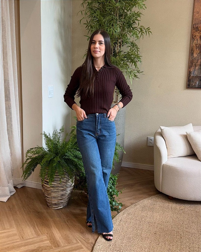 Calça Jeans Couro Fenda
