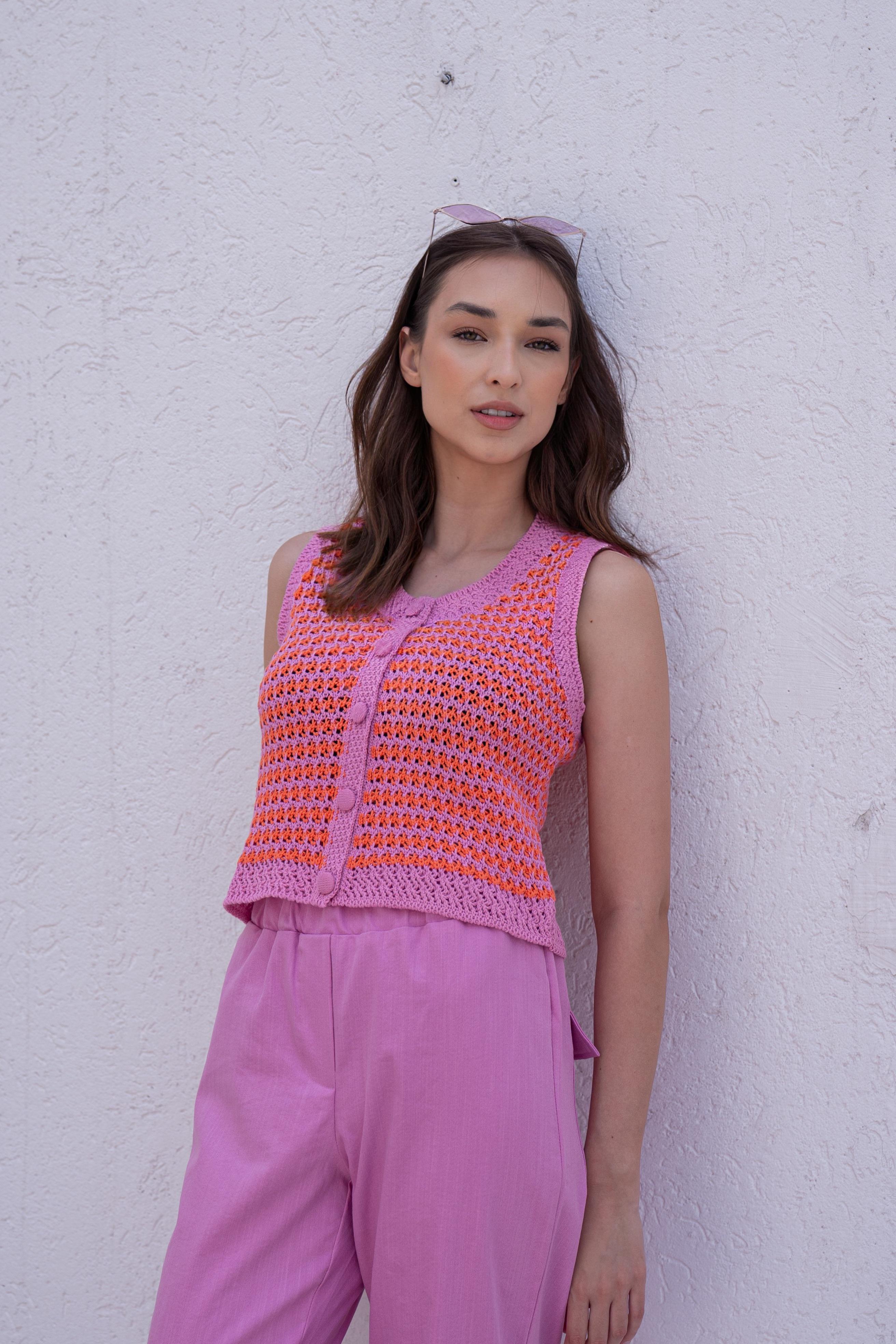 Blusa tricot listrada ROSA LARANJA