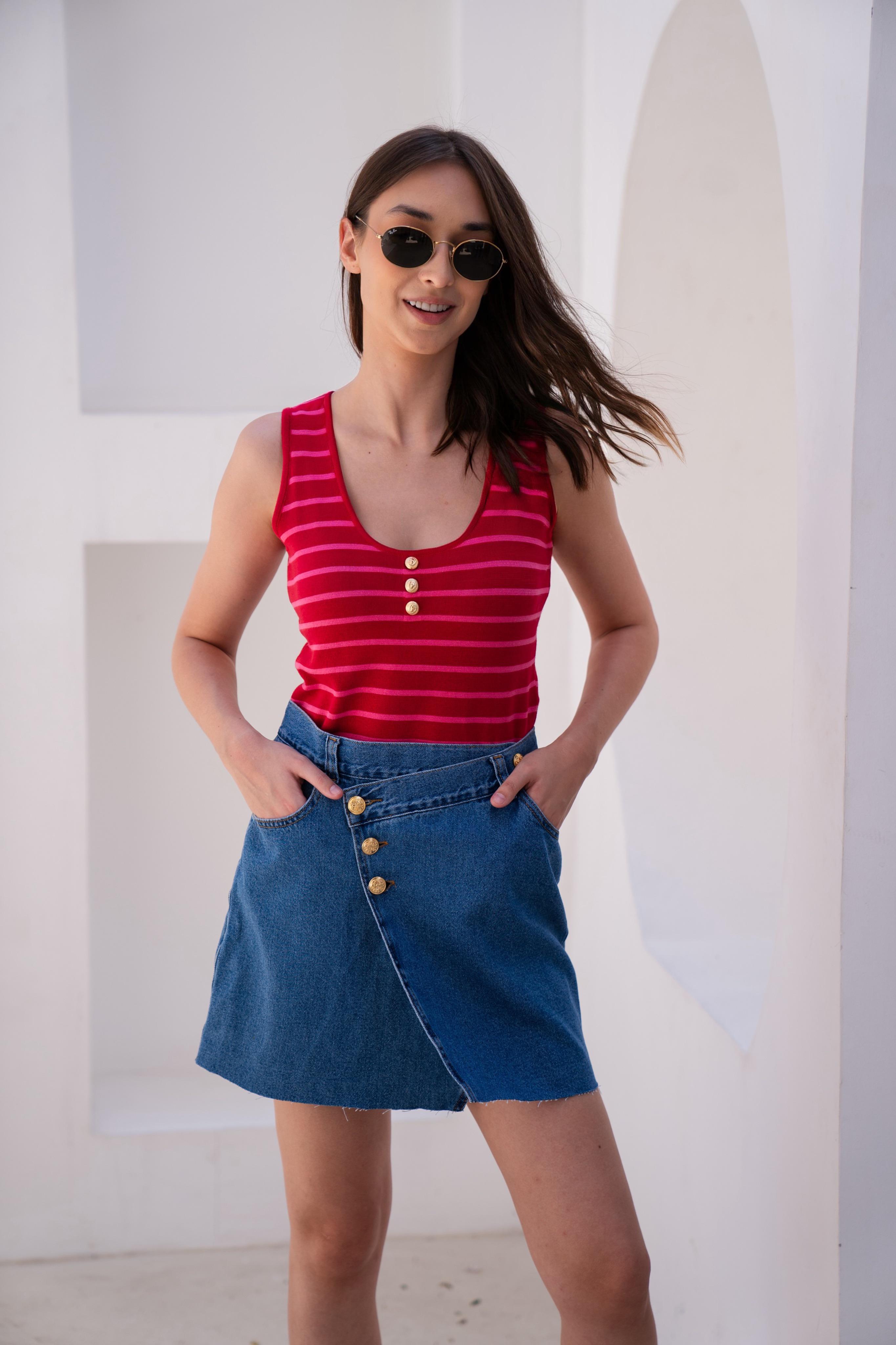 Regata listrada tricot French Vermelho/ Pink