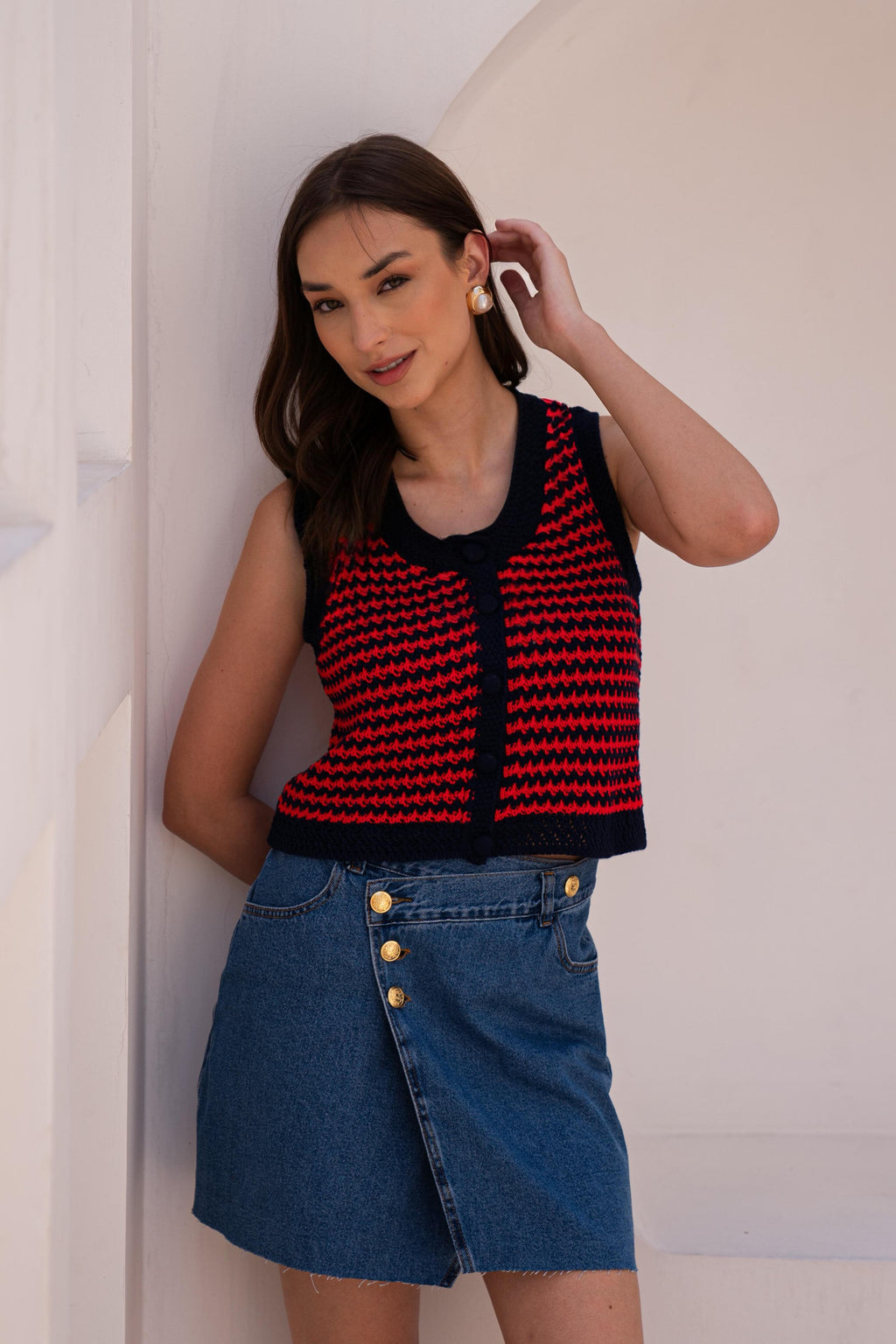 Blusa tricot listrada MARINHO VERMELHO