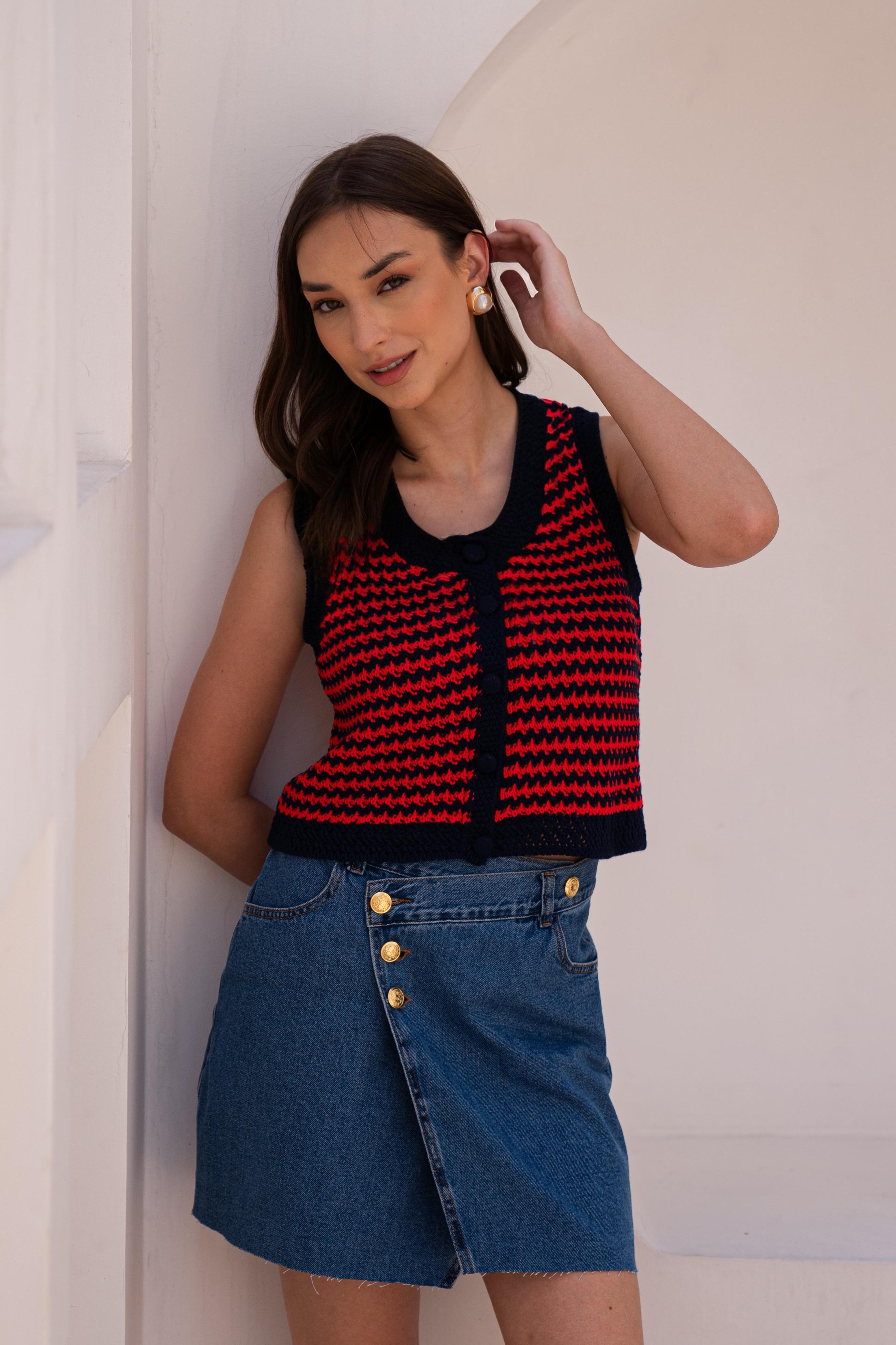 Blusa tricot listrada MARINHO VERMELHO