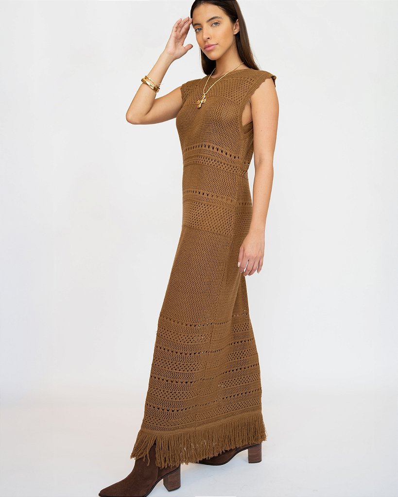 Vestido Tricot Franja Caramelo