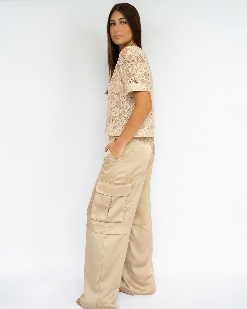 Calça satin cargo bege