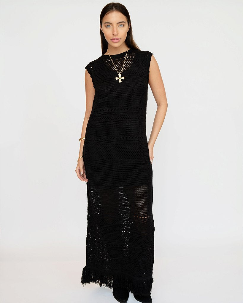 Vestido Tricot Franja Preto
