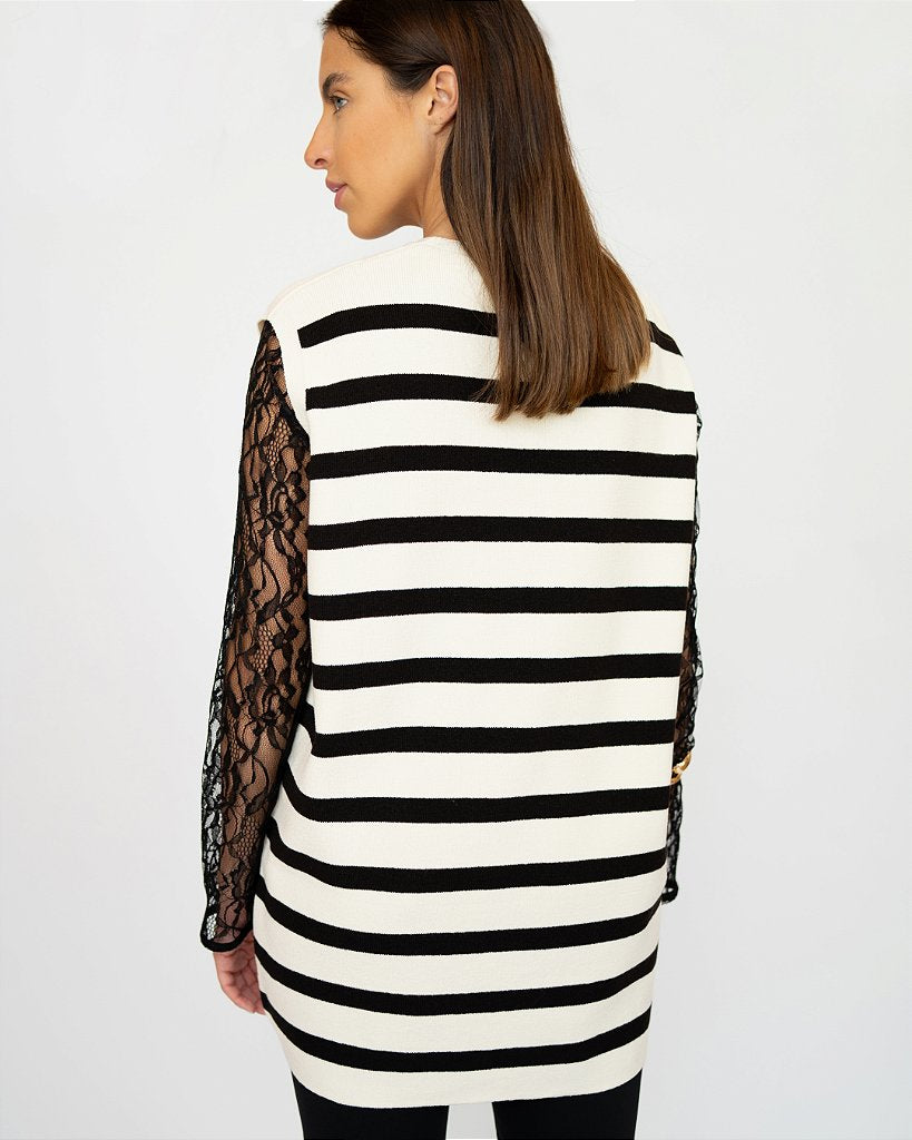 Colete Tricot Over Off White & Preto