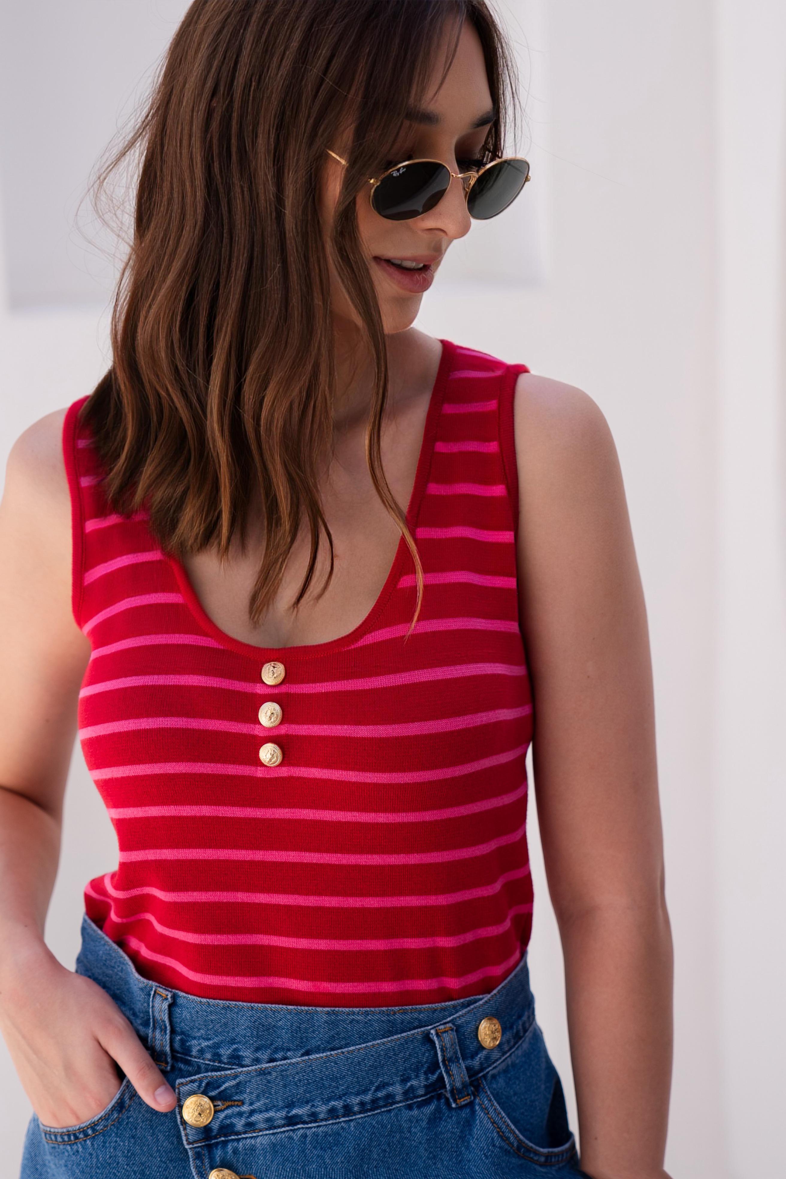 Regata listrada tricot French Vermelho/ Pink