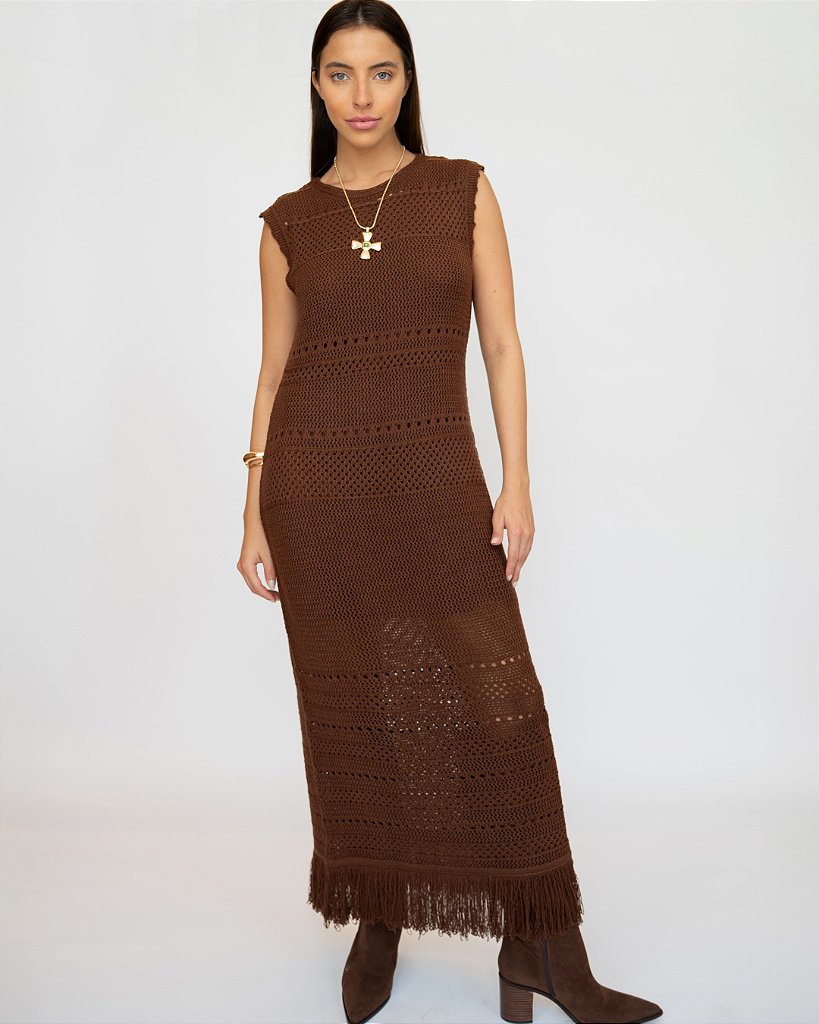 Vestido Tricot Franja Marrom
