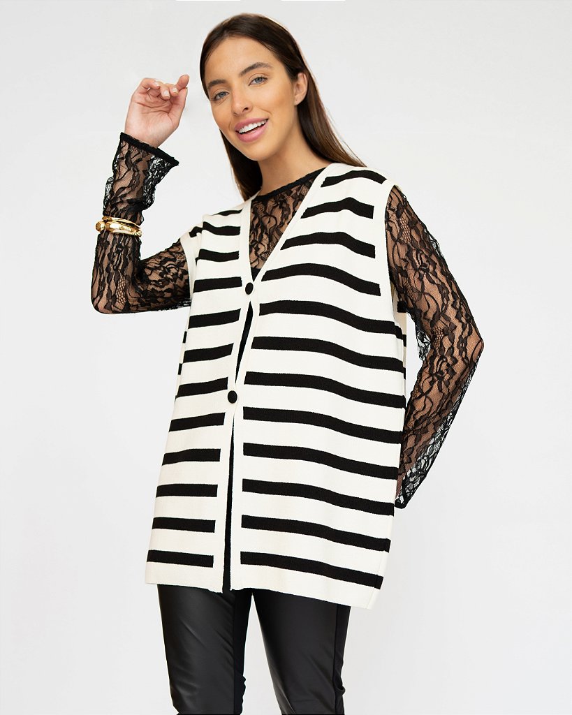 Colete Tricot Over Off White & Preto